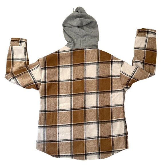 ChicMe Plaid Hooded Jacket Size L Camel Brown Fleece Lined Casual Boho Shacket - Picture 4 of 10
